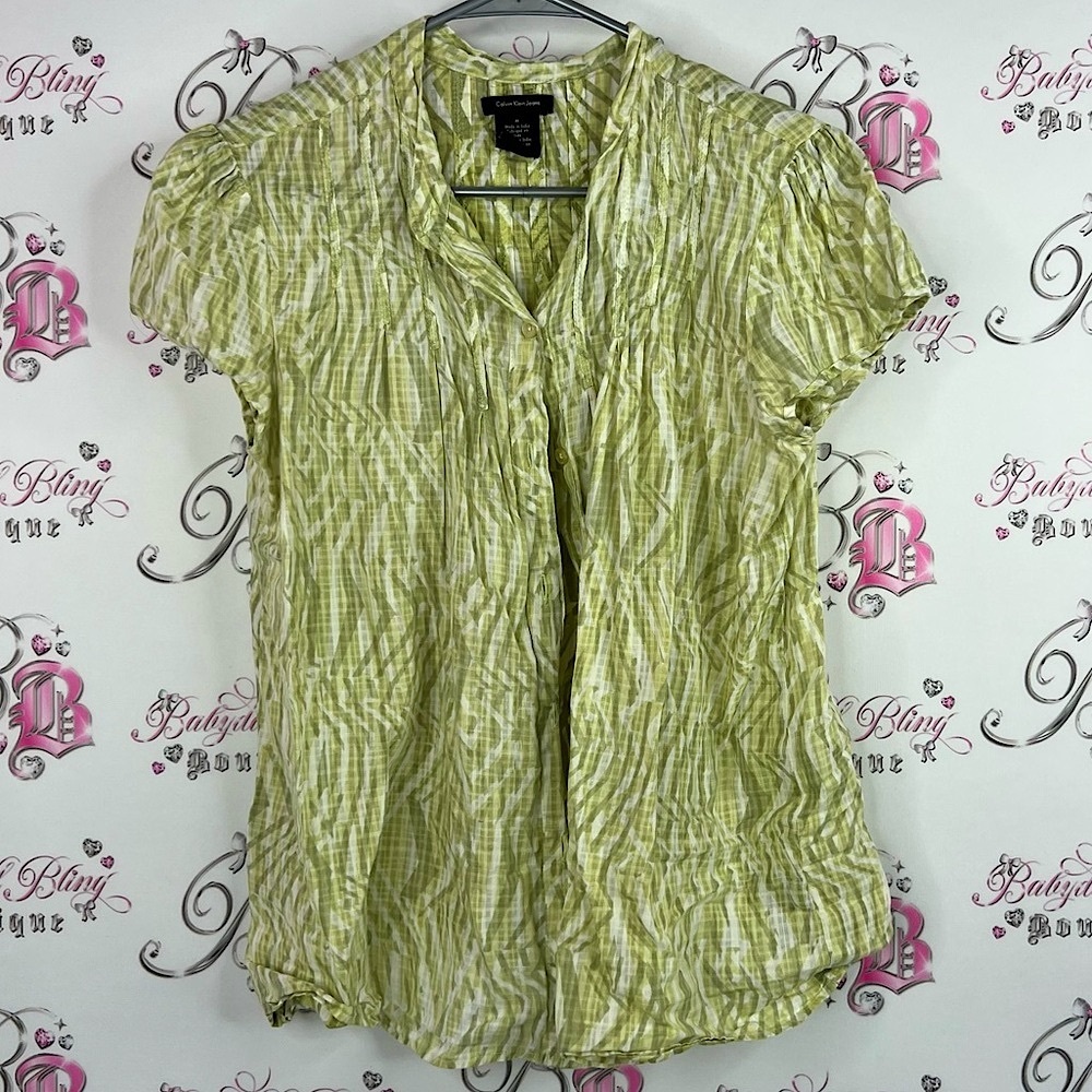 Calvin Klein Jeans button up tropical shirt tshirt Light Green Blouse